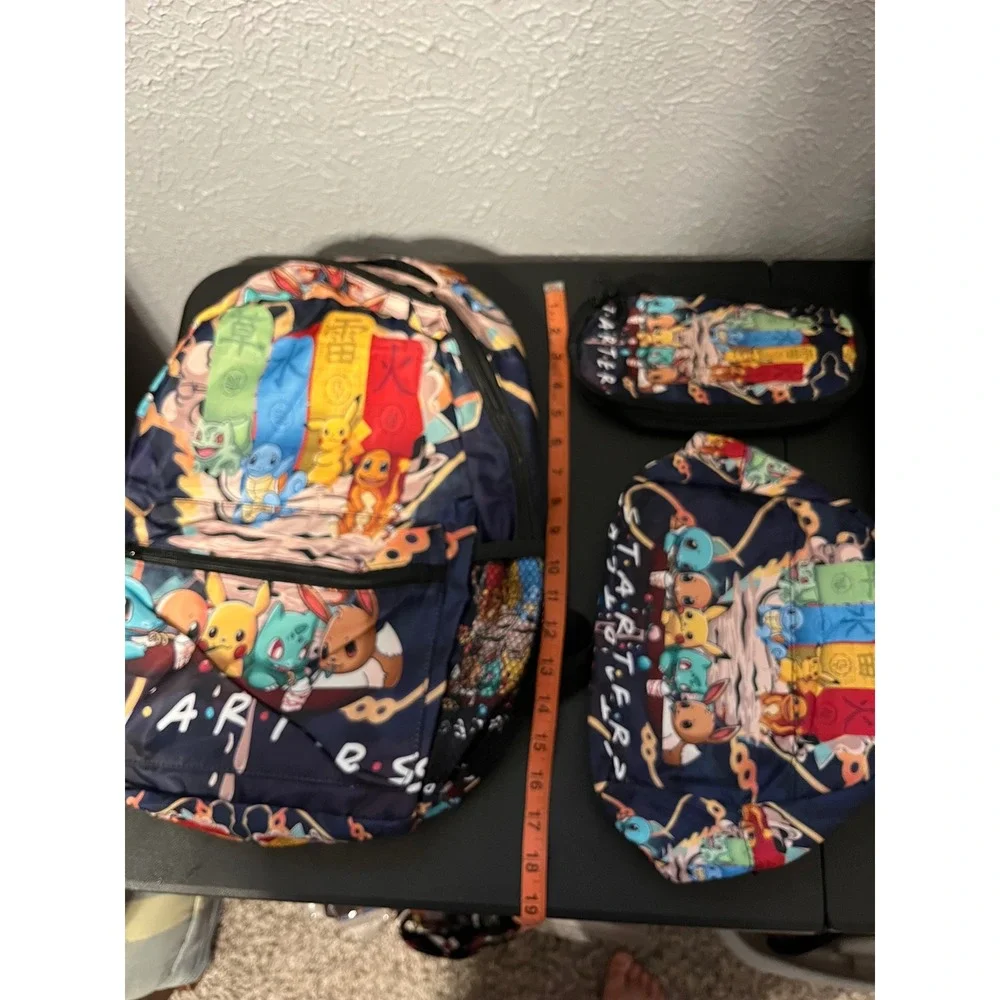 Pokemon Starters Anime Backpack 3 Piece Set Pikachu Eevee Ramen Navy Blue NWOT